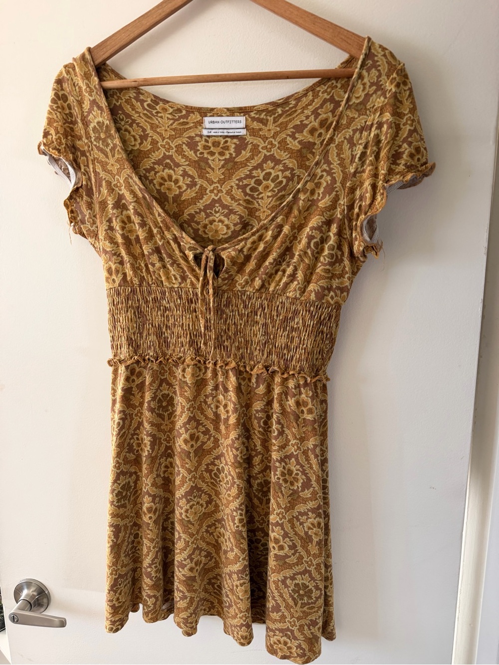 Urban Outfitters Mustard Floral Tie-Front Smocked Mini Dress